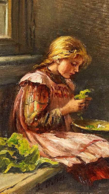 Giacinto Diano Girl cleaining lettuce Spain oil painting art